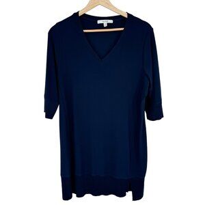 Sympli Womens V-Neck Tunic Top Size 10 navy blue knit ribbed trim 3/4 sleeve